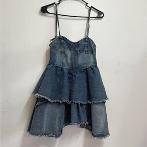 Denim asymmetrical babydoll dress western mini denim dress Boho jean dress strap
